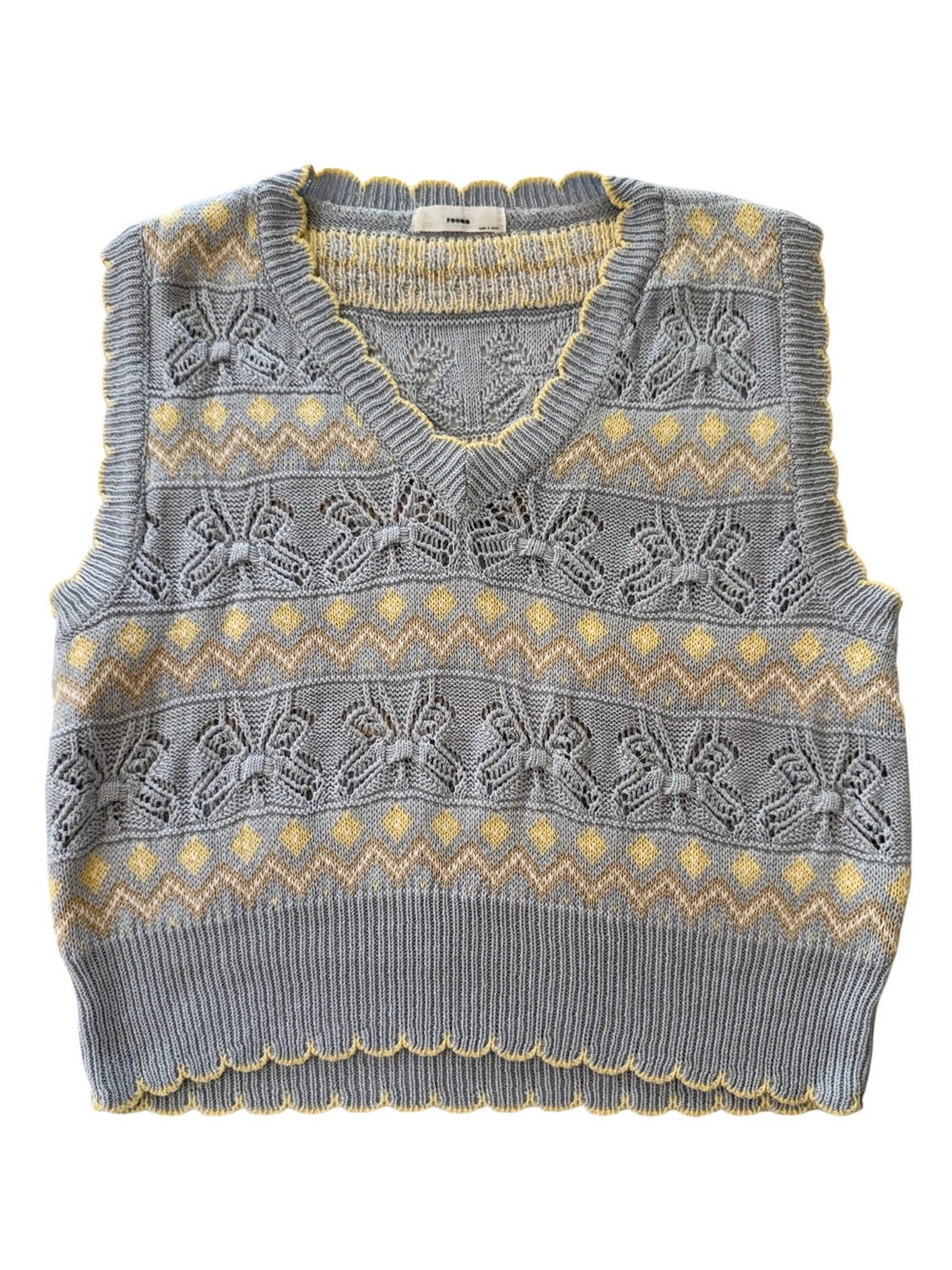 FOUND Light Blue Fair Isle Knit Sweater Vest Scalloped Trim V Neck Cottagecore